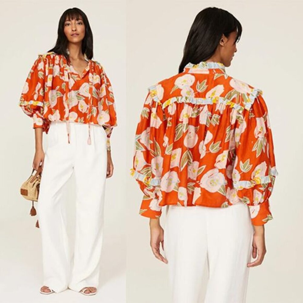 NEW Carolina K Fiore Oversized Floral Ruffled Tie Neck Blouse Top Orange & Pink